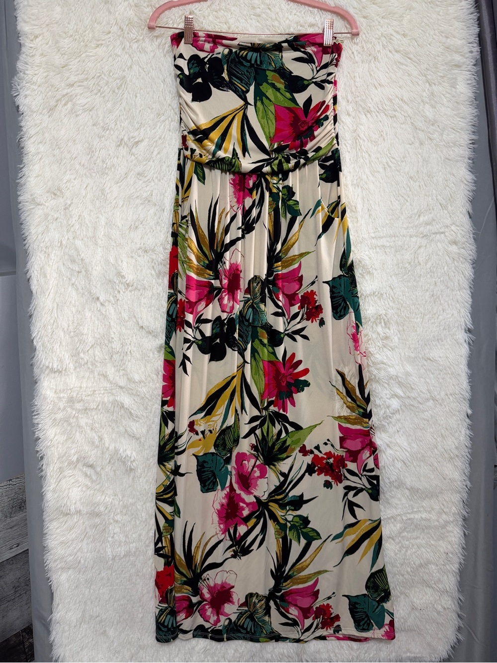 Vanilla Bay Womens Tropical Strapless Maxi Dress Medium Pockets Hawaiian Floral